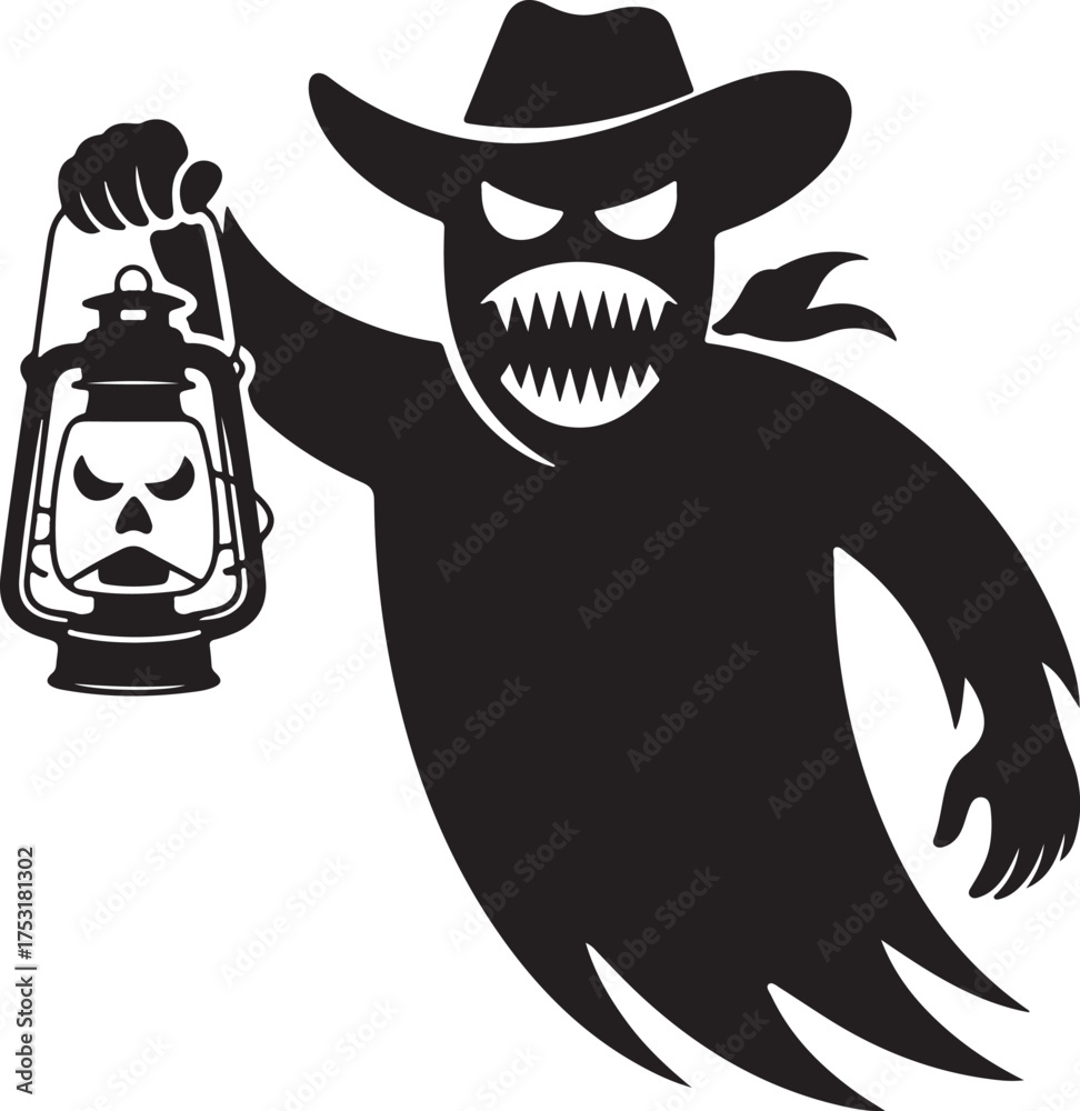 Fototapeta premium Menacing spectral cowboy apparition holding an antique illuminated lantern, a shadowy phantom figure emerges from darkness