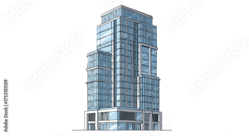 Architectural Visualization: A Modern Skyscraper Design Rendering with Glass Facade and Clean Lines