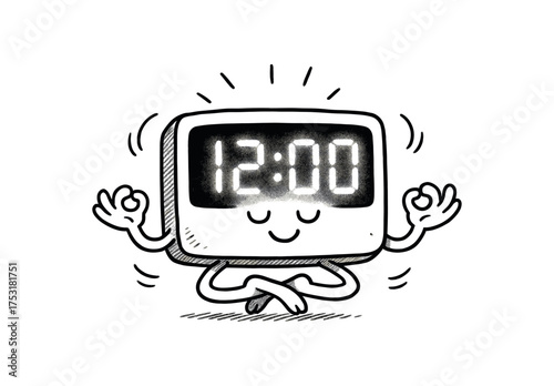 doodle illustration of digital clock meditating with glowing numbers clean black and white line art with slightly hand drawn strokes gentle motion lines and peaceful surreal humor simple