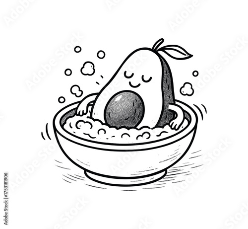 doodle illustration of an avocado taking bubble bath guacamole clean black and white line art with slightly hand drawn strokes gentle motion lines and cozy absurd surrealism simple and