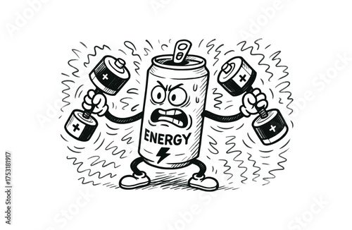 doodle illustration of can of energy drink lifting dumbbells made of batteries clean black and white line art with slightly hand drawn strokes gentle motion lines and chaotic surreal energy