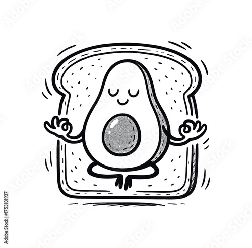 doodle illustration of an avocado meditating inside toast circle clean black and white line art with slightly hand drawn strokes gentle motion lines and peaceful surreal humor simple and