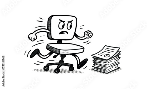 doodle illustration of chair trying to escape its responsibilities clean black and white line art with slightly hand drawn strokes gentle motion lines and office surreal comedy simple and