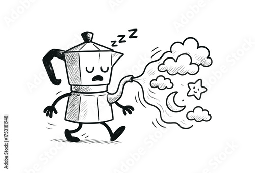 doodle illustration of coffee pot sleepwalking spilling dreams clean black and white line art with slightly hand drawn strokes gentle motion lines and dreamy surreal humor simple and lively