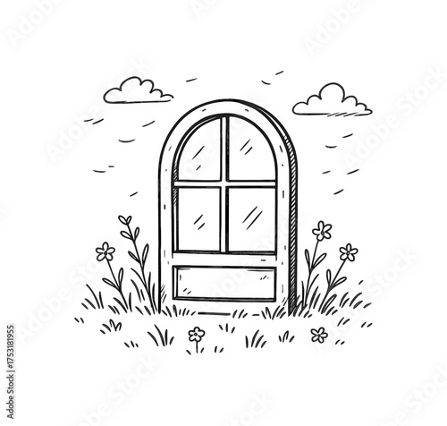 doodle illustration of window frame standing alone meadow clean black and white line art with slightly hand drawn strokes gentle motion lines and poetic liminal details simple and lively