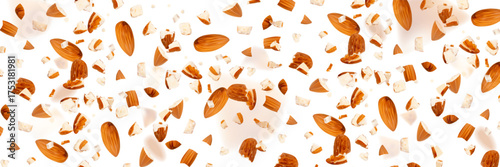 Crushed almonds falling isolated, flying nut pieces, levitate scattered almond seeds