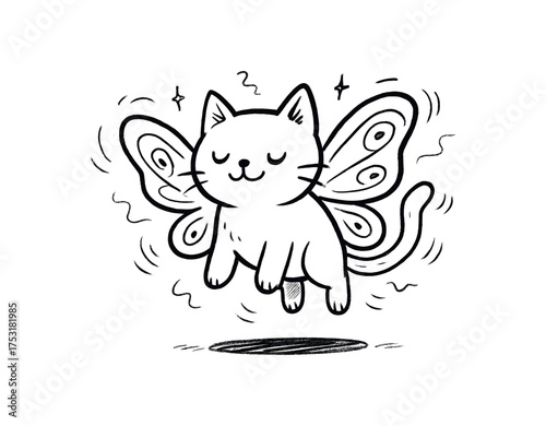 doodle illustration of cat with butterfly wings floating above its shadow clean black and white line art with slightly hand drawn strokes gentle motion lines and ethereal strange details