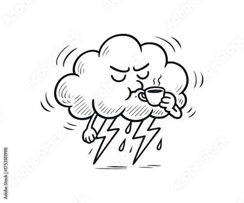 doodle illustration of thundercloud drinking espresso to stay stormy clean black and white line art with slightly hand drawn strokes gentle motion lines and comic surreal humor simple and