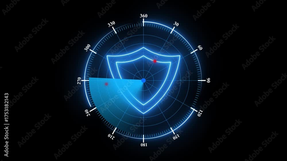 Futuristic digital radar screen displays a glowing blue shield icon ...