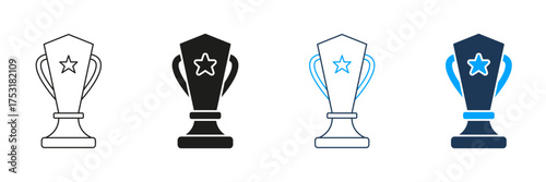 Trophy With Star Line And Solid Icon Set. Achievement, Success, And Award Recognition Symbol Collection. Victory And Excellence Representation. Isolated Vector Illustration