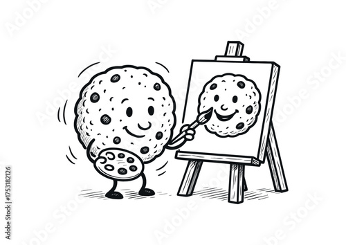 doodle illustration of cookie painting self portrait with chocolate clean black and white line art with slightly hand drawn strokes gentle motion lines and artistic surreal humor simple and