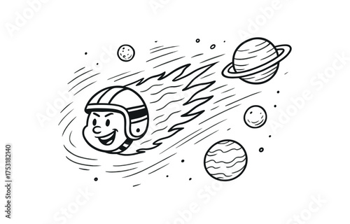 doodle illustration of comet wearing racing helmet speeding past planets clean black and white line art with slightly hand drawn strokes gentle motion lines and dynamic surreal humor simple