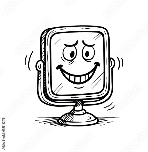 doodle illustration of mirror that refuses to reflect anything but smiles clean black and white line art with slightly hand drawn strokes gentle motion lines and uncanny surreal details