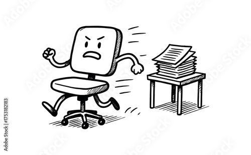 doodle illustration of chair trying to escape its responsibilities clean black and white line art with slightly hand drawn strokes gentle motion lines and office surreal comedy simple and