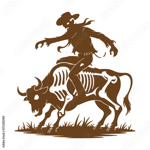 Skeleton Cowboy Riding a Skeletal Bull Silhouette rodeo