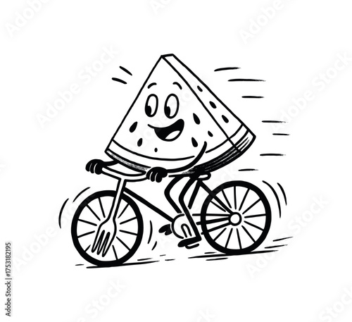 doodle illustration of slice of watermelon riding bicycle made of forks clean black and white line art with slightly hand drawn strokes gentle motion lines and chaotic surreal humor simple