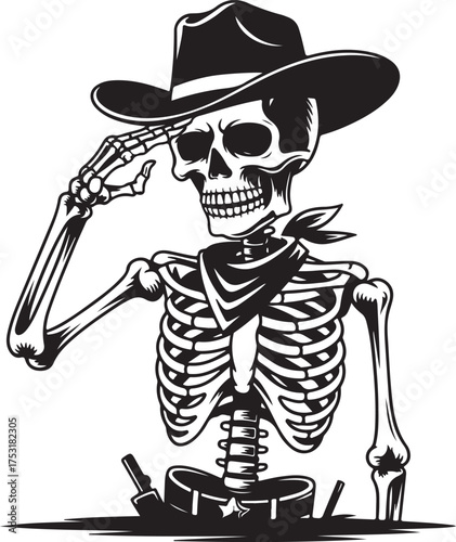 Skeleton cowboy saluting with bandana and gun belt