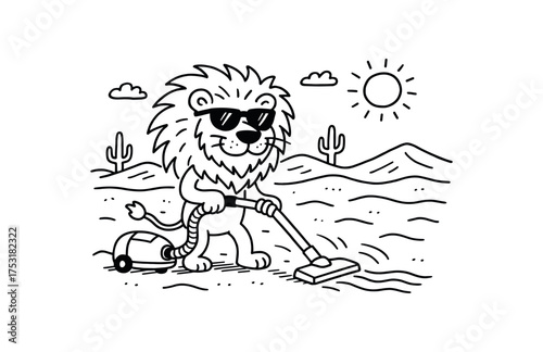 doodle illustration of lion wearing sunglasses vacuuming the desert clean black and white line art with slightly hand drawn strokes gentle motion lines and ironic surreal humor simple and