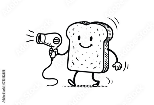 doodle illustration of slice of toast using hairdryer to stay crispy clean black and white line art with slightly hand drawn strokes gentle motion lines and domestic absurd humor simple and