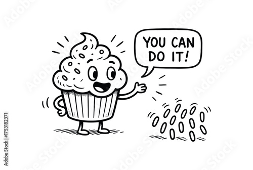 doodle illustration of cupcake giving motivational speech to sprinkles clean black and white line art with slightly hand drawn strokes gentle motion lines and cheerful absurd humor simple