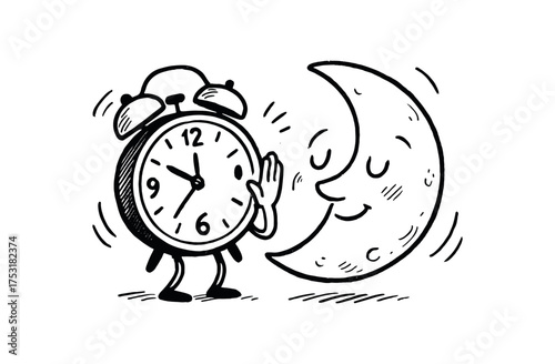 doodle illustration of clock whispering secrets to the moon clean black and white line art with slightly hand drawn strokes gentle motion lines and poetic surreal humor simple and lively