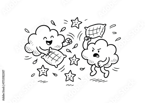 doodle illustration of clouds throwing pillow fight with stars clean black and white line art with slightly hand drawn strokes gentle motion lines and playful surreal humor simple and
