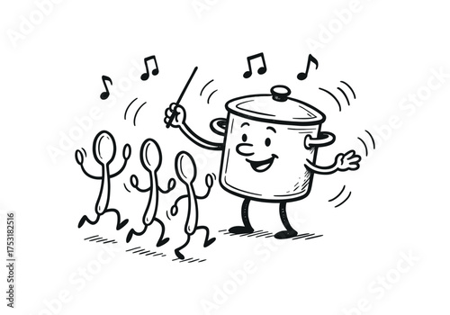 doodle illustration of pot conducting an orchestra of spoons clean black and white line art with slightly hand drawn strokes gentle motion lines and musical surreal humor simple and lively