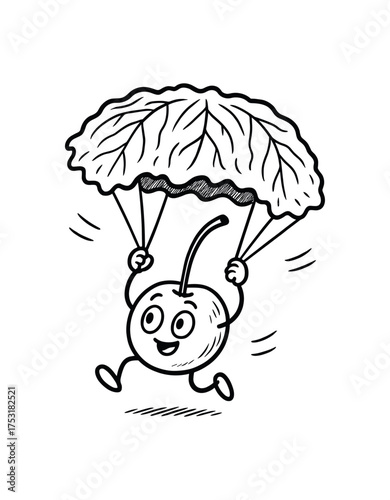 doodle illustration of cherry parachuting with lettuce leaf clean black and white line art with slightly hand drawn strokes gentle motion lines and adventurous surreal humor simple and