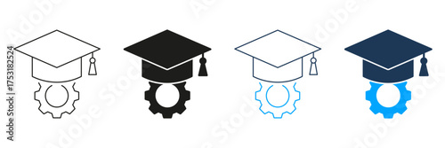Graduation Cap With Gear Line And Solid Icon Set. Education And Engineering Integration Symbol Collection. Academic Achievement In Technical Fields. Isolated Vector Illustration