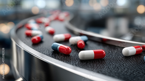 Pharmaceutical capsules moving along an automated production line in a modern factory. Concept of medical manufacturing, pharmaceutical technology, automation, and healthcare industry