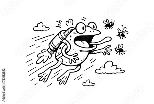doodle illustration of frog wearing jetpack chasing flies the sky clean black and white line art with slightly hand drawn strokes gentle motion lines and energetic funny details simple and
