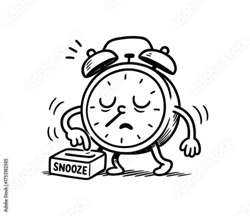 doodle illustration of sleepy alarm clock hitting the snooze button on itself clean black and white line art with slightly hand drawn strokes gentle motion lines and funny surreal charm