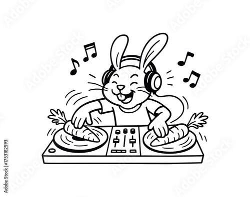 doodle illustration of rabbit DJing with carrots instead of records clean black and white line art with slightly hand drawn strokes gentle motion lines and comic musical absurdity simple