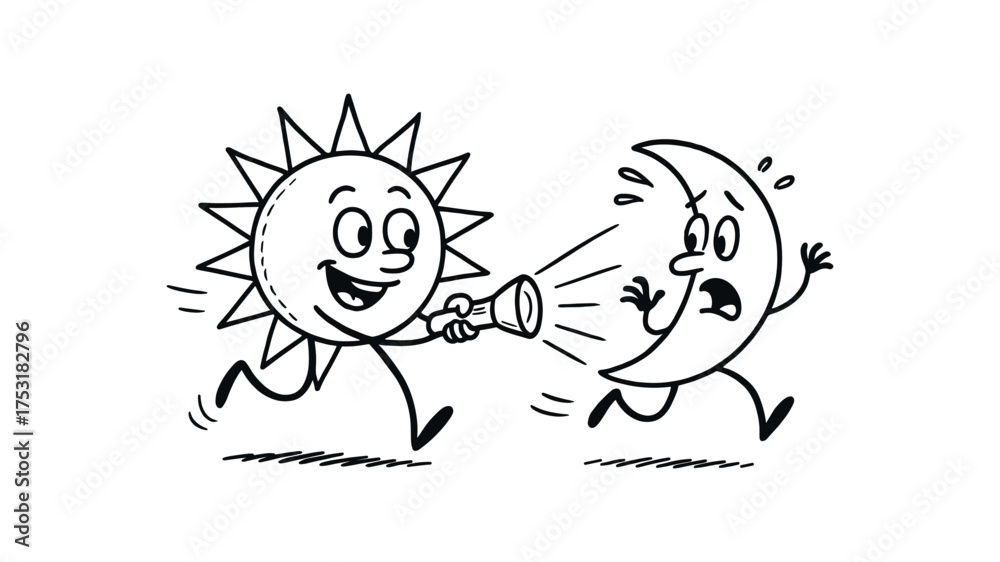 Obraz premium doodle illustration of the sun chasing the moon with flashlight clean black and white line art with slightly hand drawn strokes gentle motion lines and funny surreal humor simple and lively