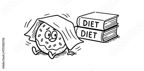 doodle illustration of donut hiding from diet books under napkin clean black and white line art with slightly hand drawn strokes gentle motion lines and relatable surreal humor simple and