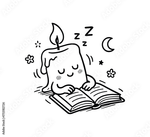doodle illustration of candle falling asleep while studying clean black and white line art with slightly hand drawn strokes gentle motion lines and cozy dreamlike details simple and lively