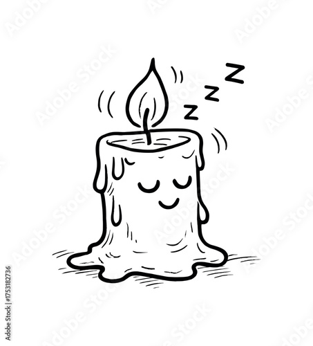 doodle illustration of candle falling asleep while still burning clean black and white line art with slightly hand drawn strokes gentle motion lines and tender surreal atmosphere simple and