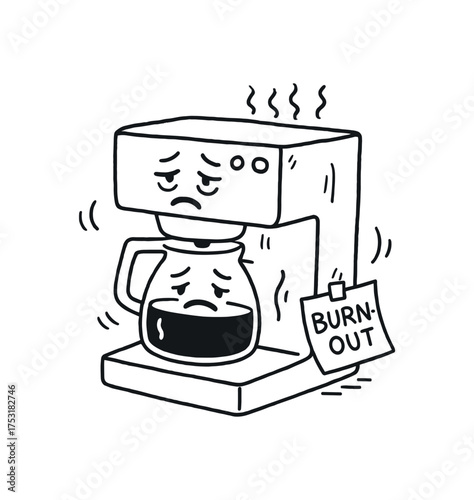 doodle illustration of coffee machine feeling burnout clean black and white line art with slightly hand drawn strokes gentle motion lines and workplace humor details simple and lively style