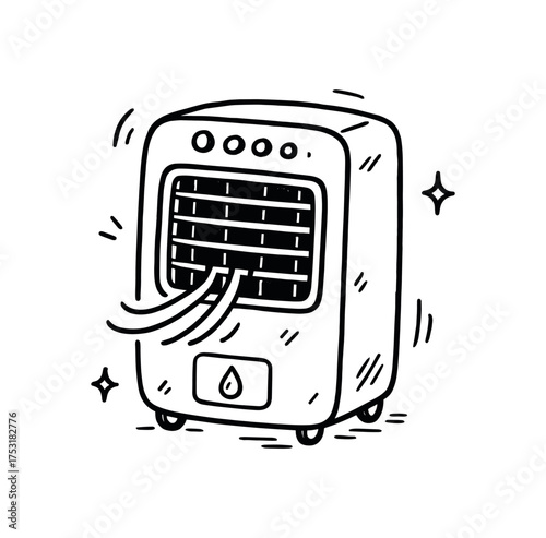 doodle illustration of air cooler clean black line art with slightly hand drawn strokes gentle motion lines and light playful details simple and lively style on white background