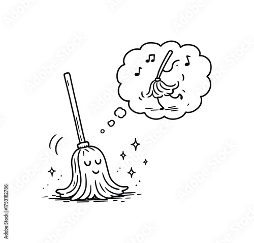 doodle illustration of mop daydreaming about dancing clean black and white line art with slightly hand drawn strokes gentle motion lines and poetic comic details simple and lively style on