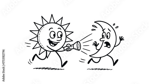 doodle illustration of the sun chasing the moon with flashlight clean black and white line art with slightly hand drawn strokes gentle motion lines and funny surreal humor simple and lively