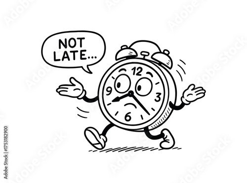 doodle illustration of clock pretending it not late clean black and white line art with slightly hand drawn strokes gentle motion lines and ironic funny details simple and lively style on