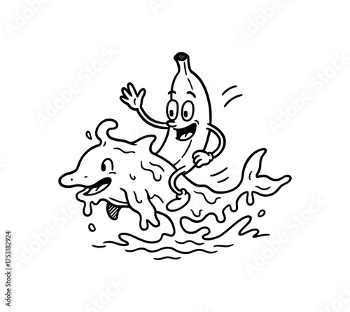 doodle illustration of banana riding dolphin made of yogurt clean black and white line art with slightly hand drawn strokes gentle motion lines and weird surreal energy simple and lively