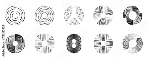 Geometric Spiral Circular Line Shapes Set Isolated on Transparent Background. Modern Dynamic Motion Geometric Shapes with Spiral Line Pattern. Isolated Vector Illustration