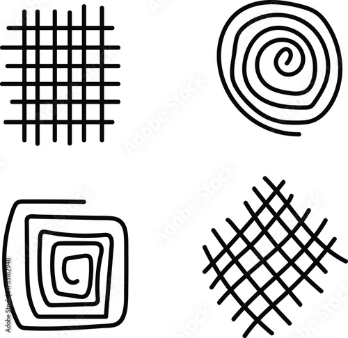Black lines, grid, spiral, and swirling pattern collection. 