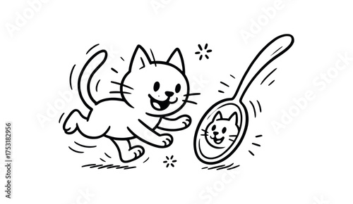 doodle illustration of cat chasing its reflection spoon clean black and white line art with slightly hand drawn strokes gentle motion lines and playful surreal details simple and lively