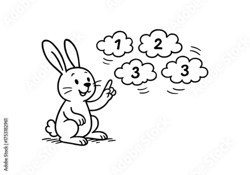 doodle illustration of rabbit counting floating clouds instead of sheep clean black and white line art with slightly hand drawn strokes gentle motion lines and clever surreal details simple
