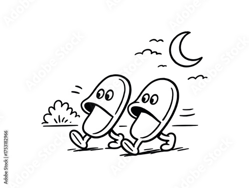 doodle illustration of pair of slippers sneaking outside under moonlight clean black and white line art with slightly hand drawn strokes gentle motion lines and playful surreal humor simple