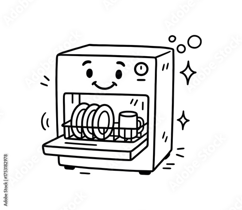 doodle illustration of dishwasher clean black and white line art with slightly hand drawn strokes gentle motion lines and light playful details simple and lively style on white background