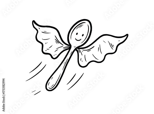 doodle illustration of spoon flying with napkin wings clean black and white line art with slightly hand drawn strokes gentle motion lines and whimsical surreal humor simple and lively style